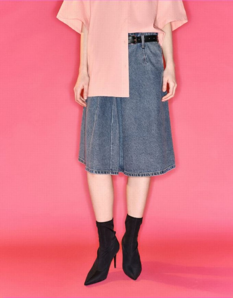 Blue Urban Revivo Pleated With Belt Women's Denim Skirt | PLXBME-850