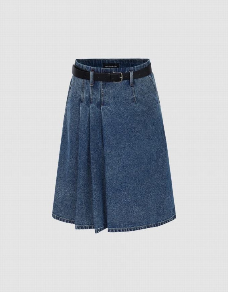 Blue Urban Revivo Pleated With Belt Women\'s Denim Skirt | PLXBME-850
