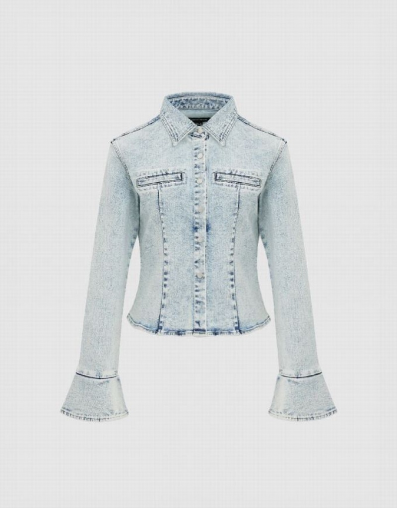 Blue Urban Revivo Press Button Denim Women\'s Shirts | LMWTIY-875