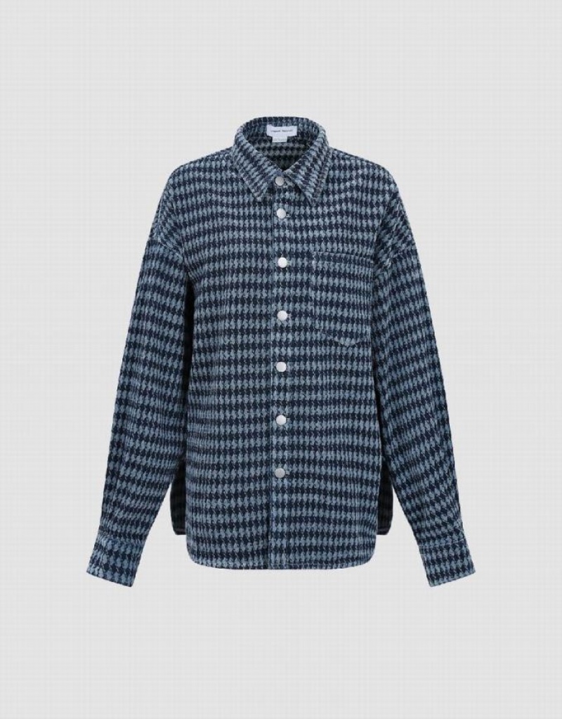 Blue Urban Revivo Press Buttoned Checkered Denim Women's Shirts | MRTEUW-867