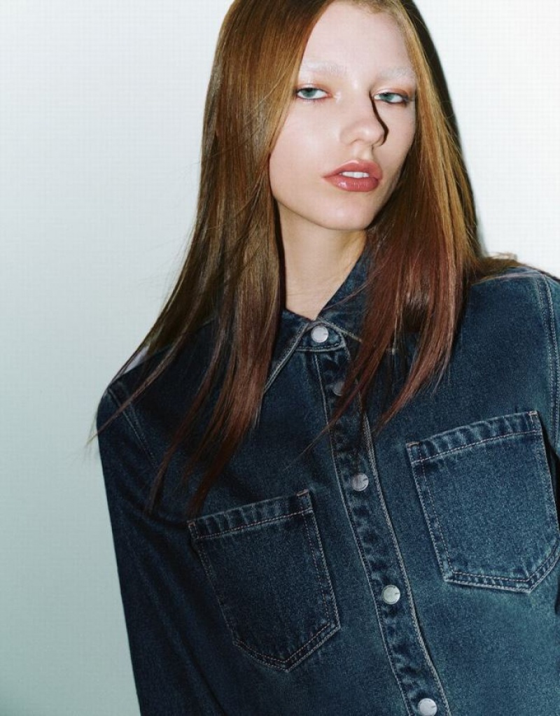 Blue Urban Revivo Press Buttoned Denim Women's Shirts | GZDHAY-439