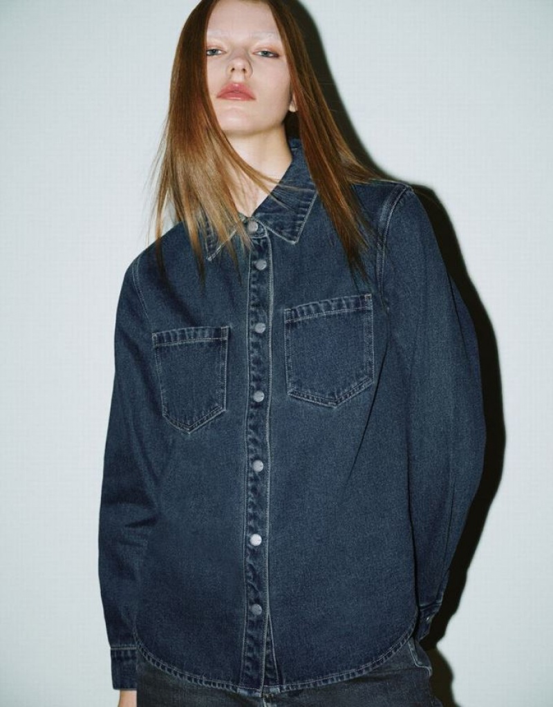 Blue Urban Revivo Press Buttoned Denim Women\'s Shirts | GZDHAY-439