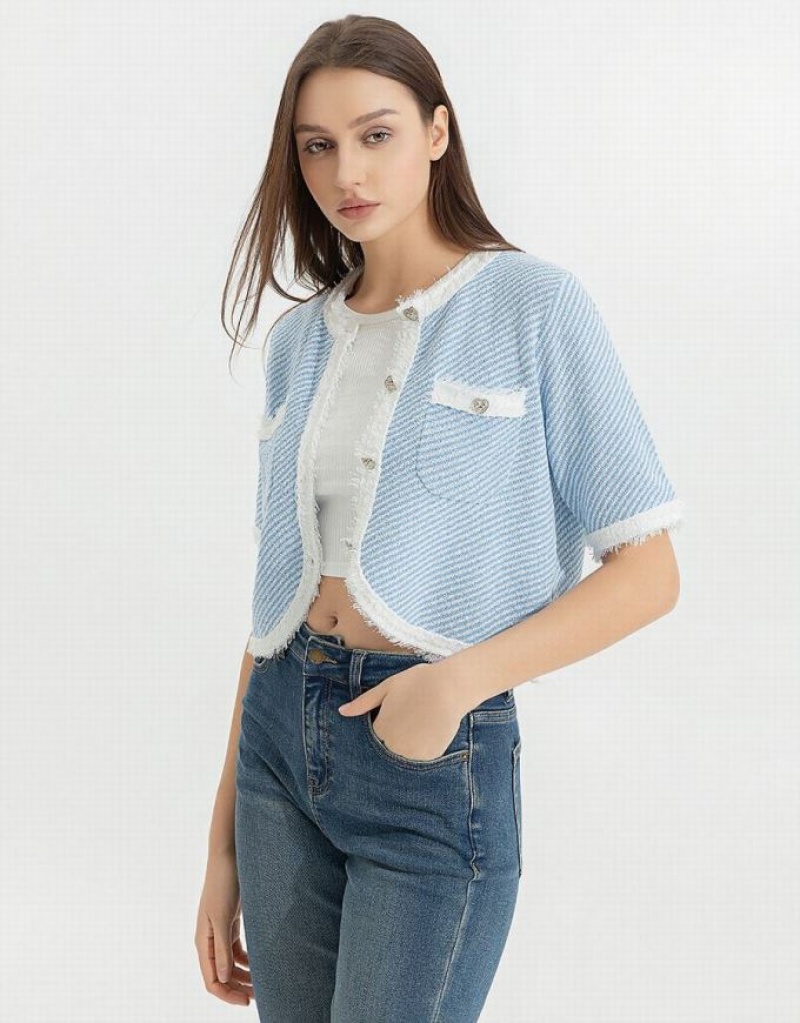 Blue Urban Revivo Raw Hem Crew Neck Knitted Women's Cardigan | OKSUEG-109