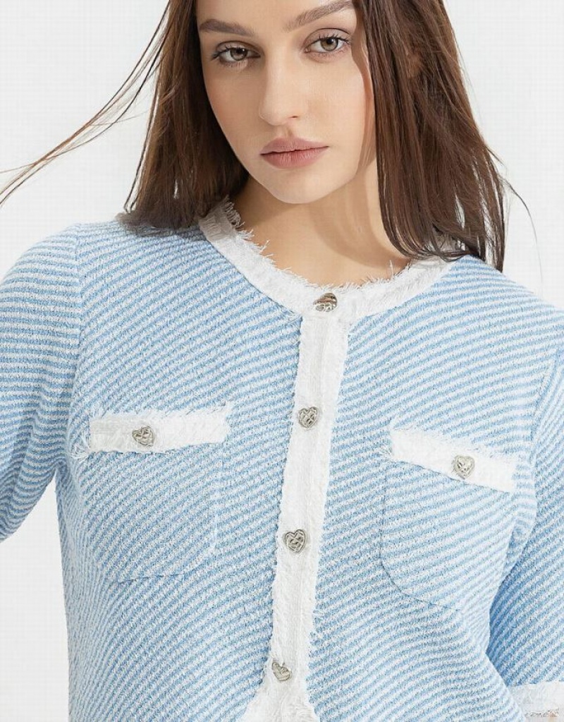 Blue Urban Revivo Raw Hem Crew Neck Knitted Women's Cardigan | OKSUEG-109