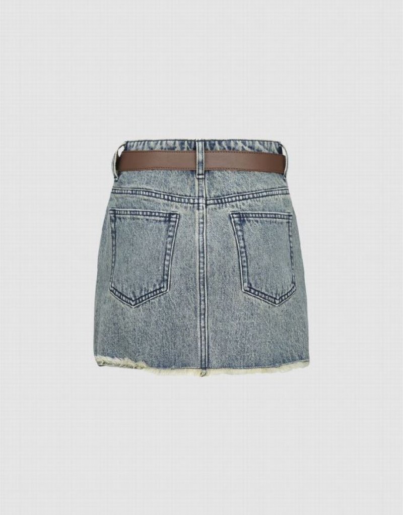 Blue Urban Revivo Raw Hem Mini Women's Denim Skirt | MSIPJA-062
