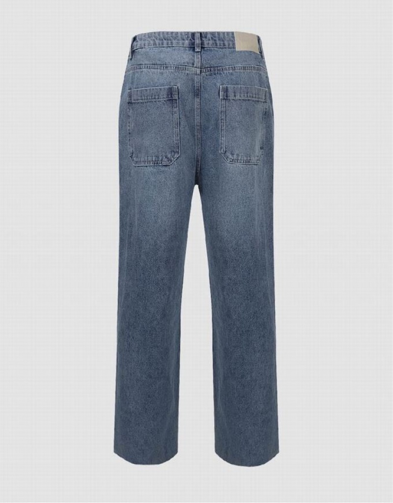 Blue Urban Revivo Raw Hem Straight Men's Jeans | AXBWRV-186