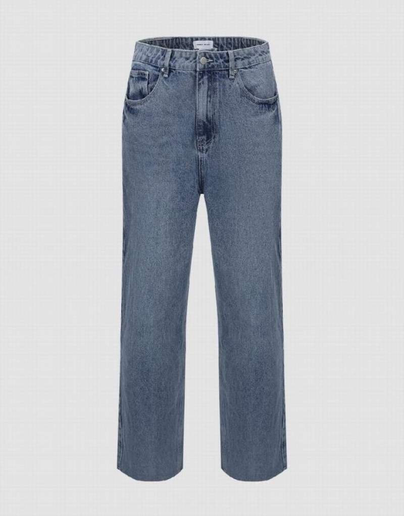 Blue Urban Revivo Raw Hem Straight Men\'s Jeans | AXBWRV-186