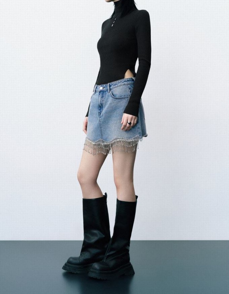 Blue Urban Revivo Rhinestone Hem Mini Straight Women's Denim Skirt | VZBRXN-492
