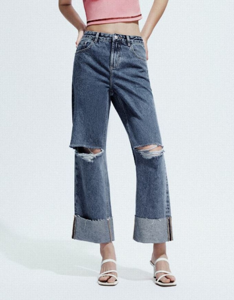 Blue Urban Revivo Ripped Straight Women's Jeans | SBEPIO-925