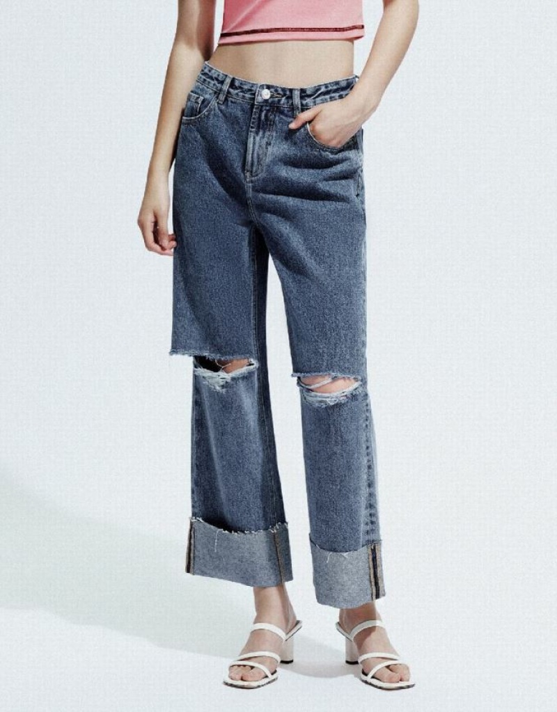 Blue Urban Revivo Ripped Straight Women's Jeans | SBEPIO-925
