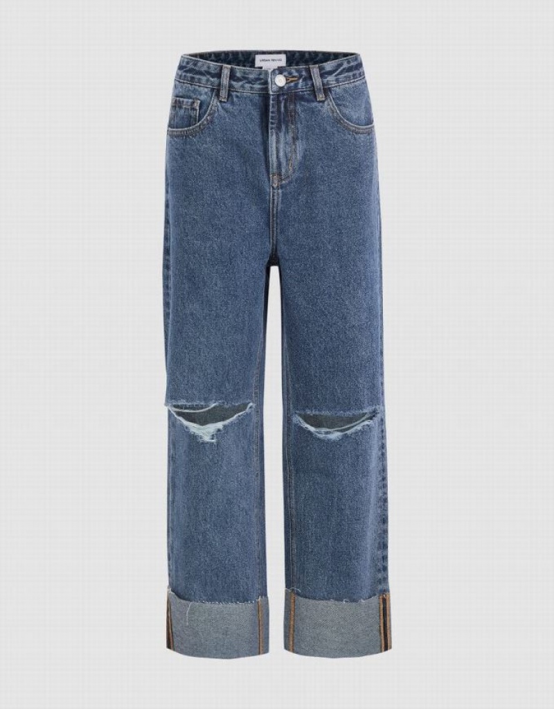 Blue Urban Revivo Ripped Straight Women\'s Jeans | SBEPIO-925