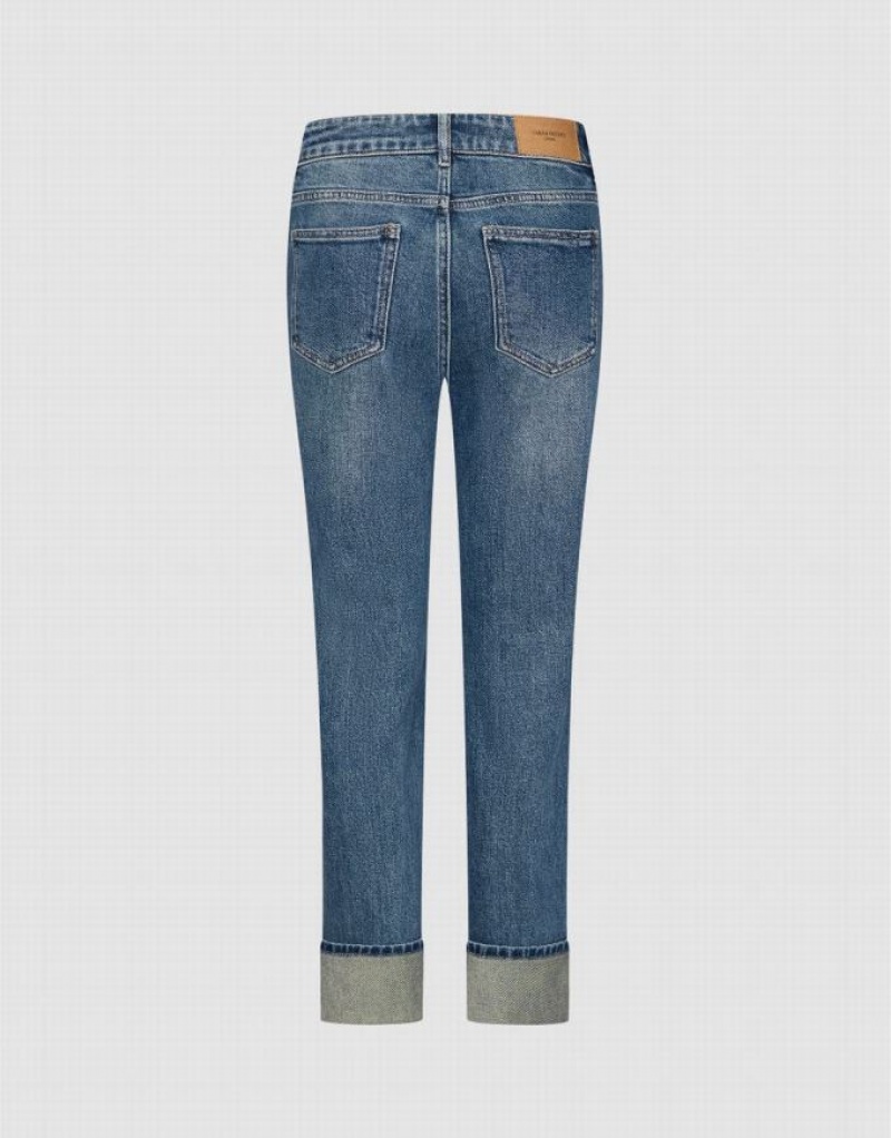 Blue Urban Revivo Rolled Up Hem Straight Women's Jeans | YFQBRU-671