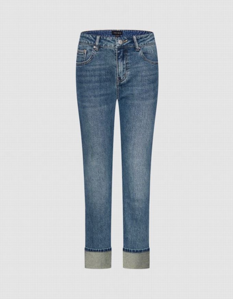 Blue Urban Revivo Rolled Up Hem Straight Women\'s Jeans | YFQBRU-671
