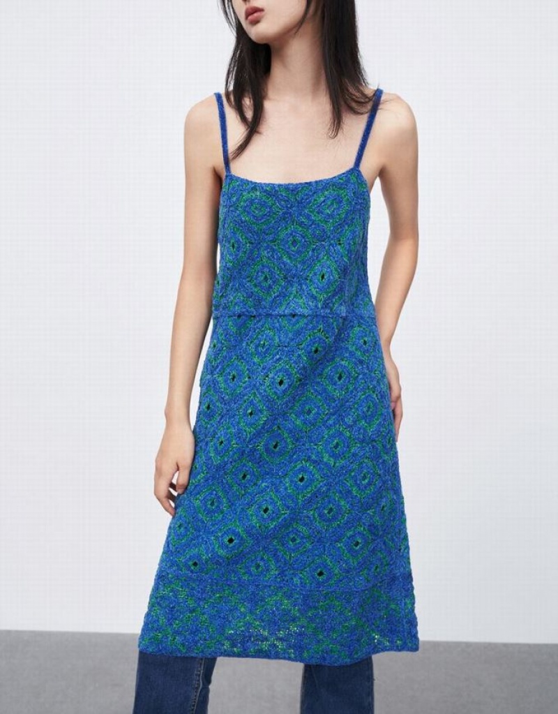 Blue Urban Revivo Sleeveless Off-Shoulder Women's Knitted Dress | BXGVRI-689