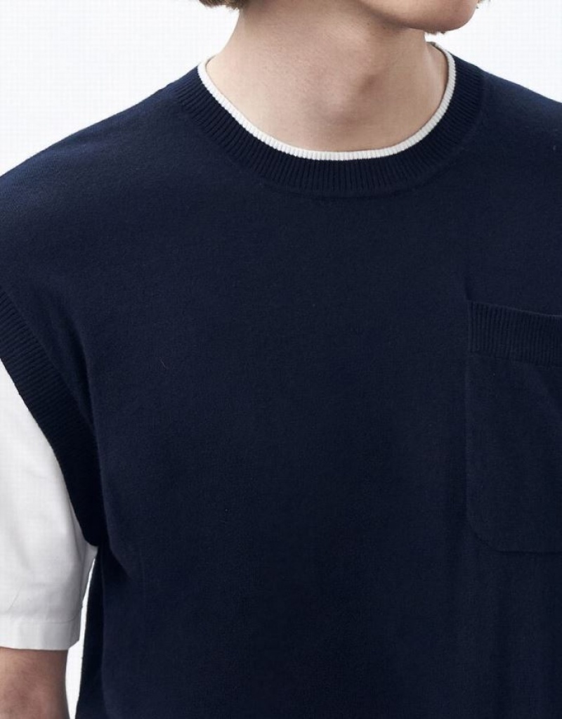 Blue Urban Revivo Spliced Knitted Tee Men's Cardigan | NIPQZO-752