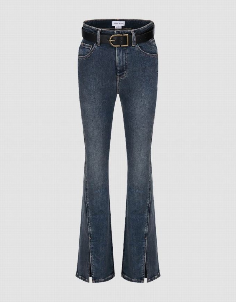 Blue Urban Revivo Split Hem Flare With Belt Women\'s Jeans | HIOGJD-869