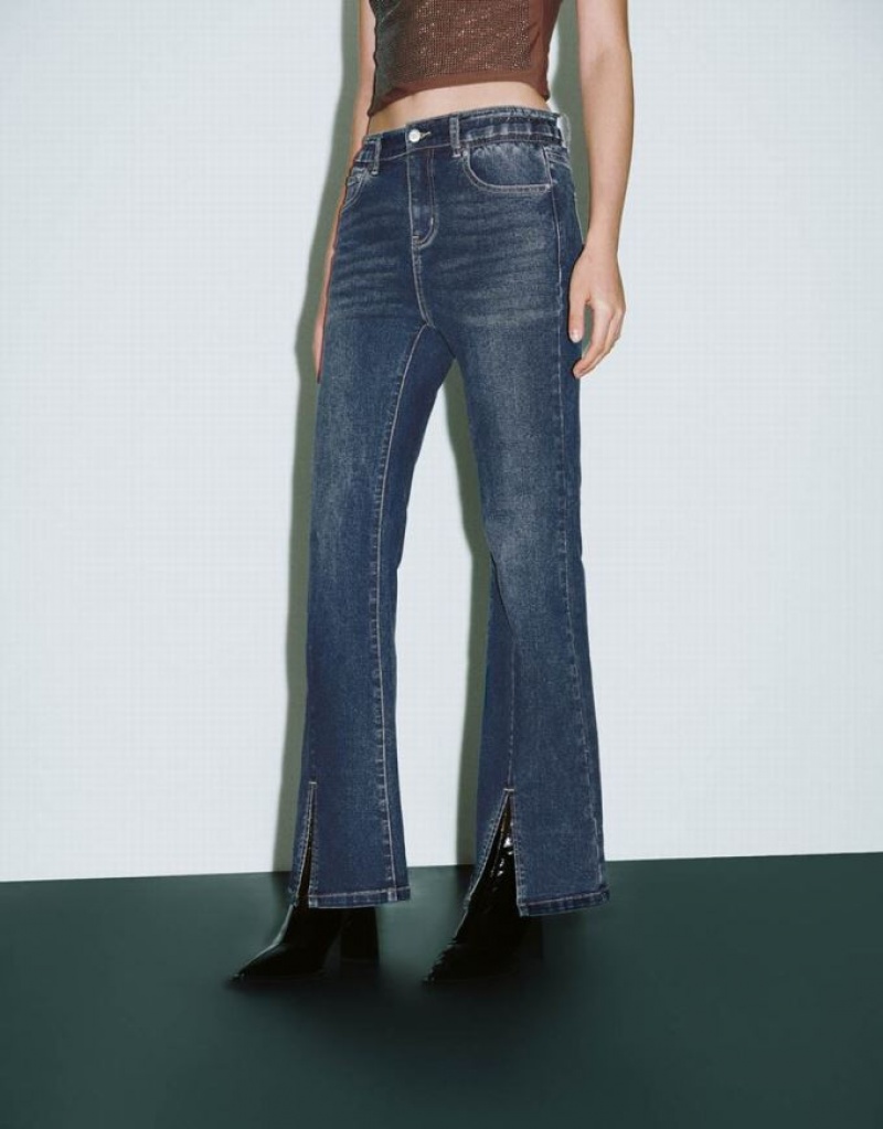 Blue Urban Revivo Split Hem Flare Women's Jeans | IBNPKX-756