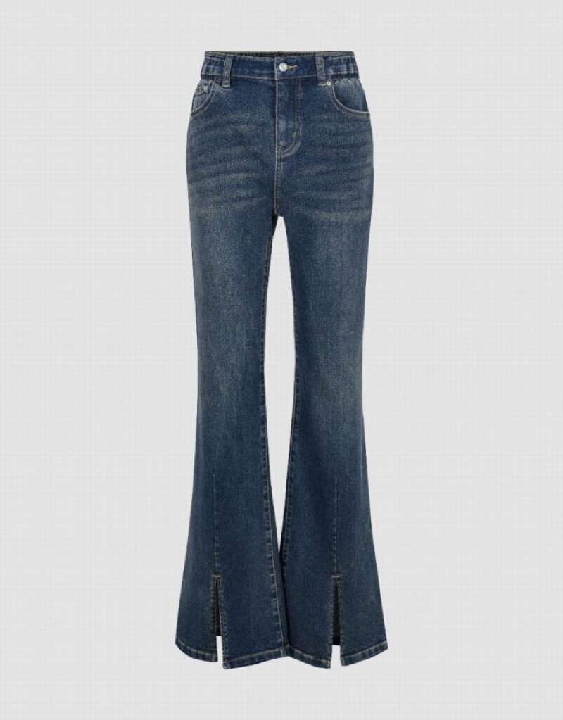 Blue Urban Revivo Split Hem Flare Women\'s Jeans | IBNPKX-756