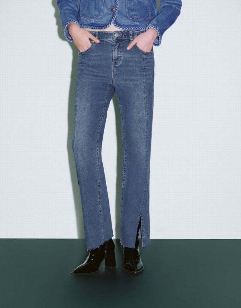 Blue Urban Revivo Split Hem Straight Women's Jeans | AZQCDO-854