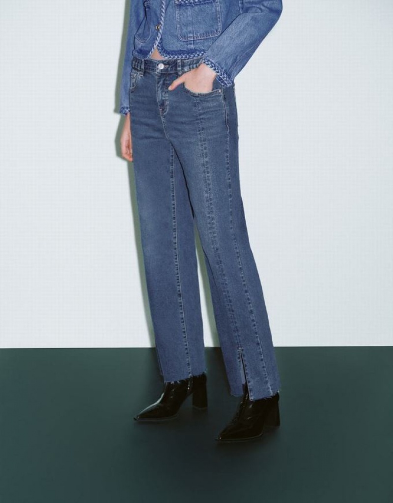 Blue Urban Revivo Split Hem Straight Women's Jeans | AZQCDO-854