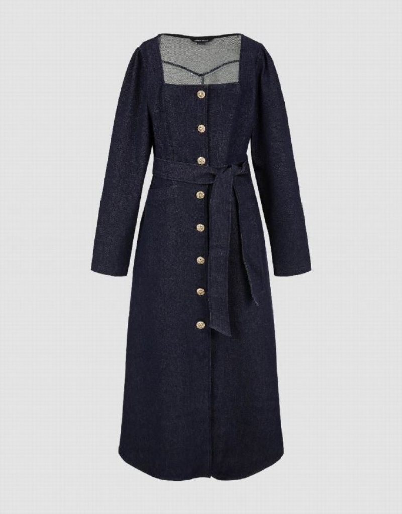 Blue Urban Revivo Square-cut Collar Women's Denim Dress | LNIEWH-601