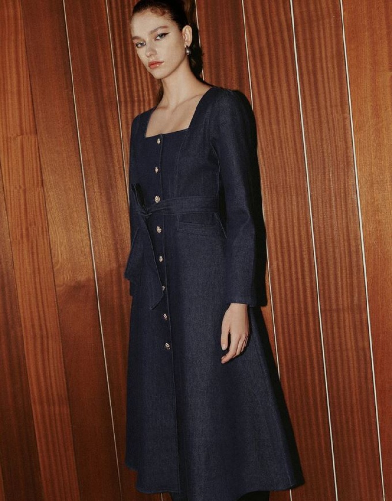 Blue Urban Revivo Square-cut Collar Women\'s Denim Dress | LNIEWH-601
