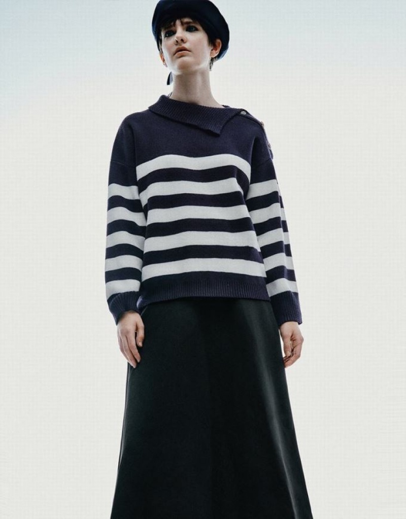 Blue Urban Revivo Striped Knitted Women's Cardigan | IOJYZM-039