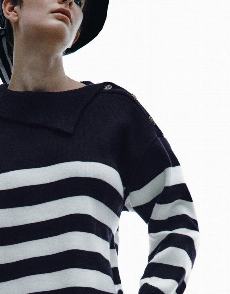 Blue Urban Revivo Striped Knitted Women's Cardigan | IOJYZM-039