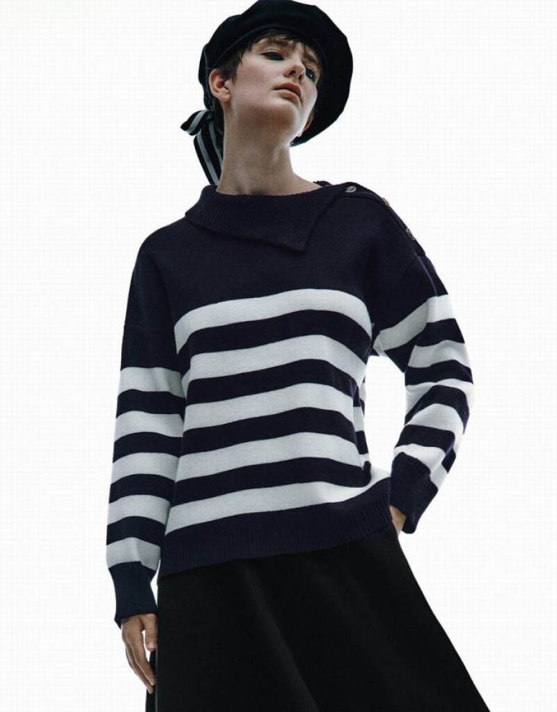 Blue Urban Revivo Striped Knitted Women\'s Cardigan | IOJYZM-039
