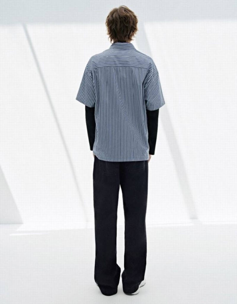 Blue Urban Revivo Striped Loose Men's Shirts | CWXRNJ-301