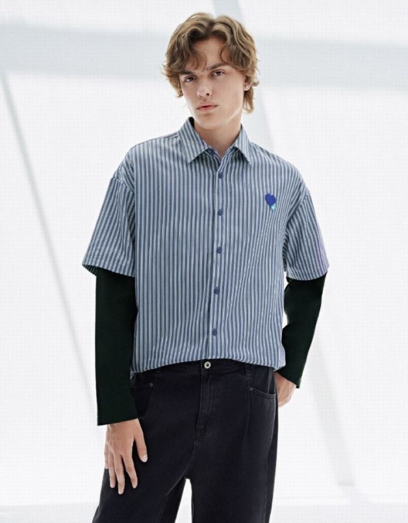 Blue Urban Revivo Striped Loose Men\'s Shirts | CWXRNJ-301
