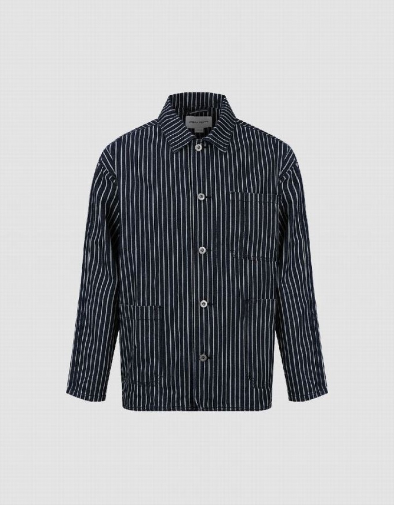 Blue Urban Revivo Striped Men's Denim Jackets | ITQPNJ-304