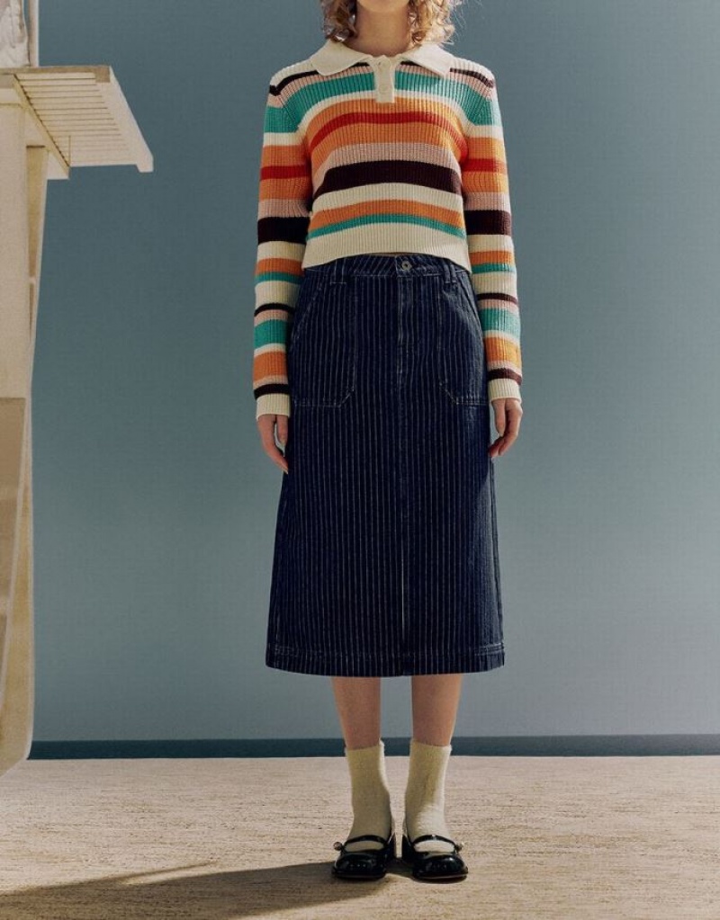 Blue Urban Revivo Striped Midi Straight Women's Denim Skirt | VNXYEW-635