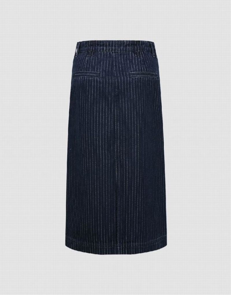 Blue Urban Revivo Striped Midi Straight Women's Denim Skirt | VNXYEW-635