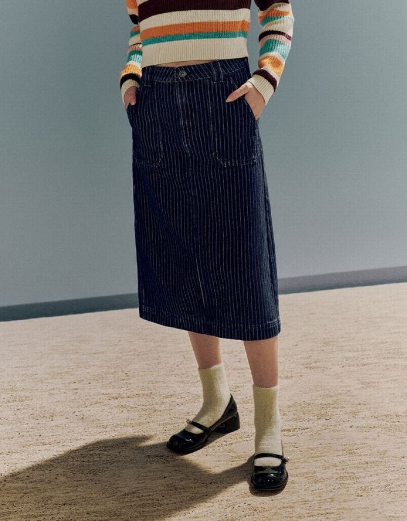 Blue Urban Revivo Striped Midi Straight Women's Denim Skirt | VNXYEW-635