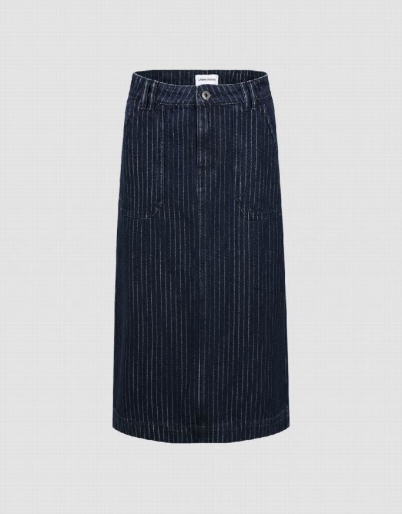 Blue Urban Revivo Striped Midi Straight Women\'s Denim Skirt | VNXYEW-635