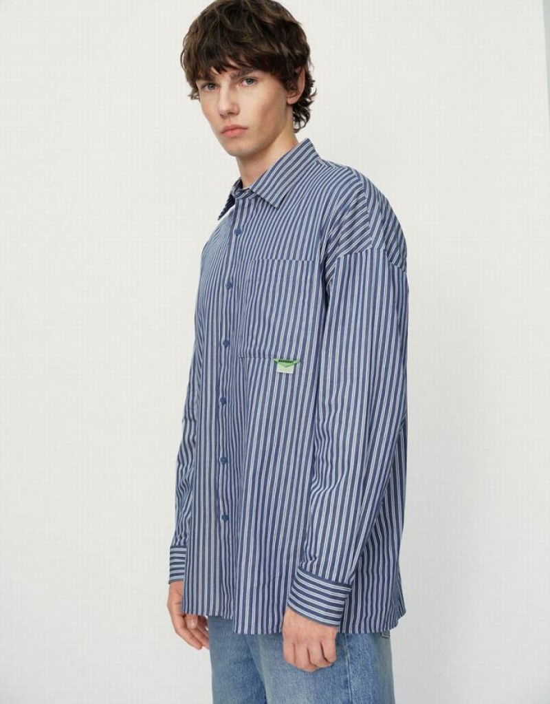 Blue Urban Revivo Striped Oversized Men's Shirts | ZTIEQJ-035