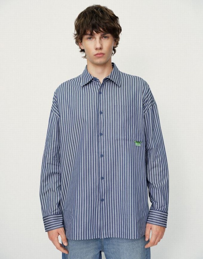 Blue Urban Revivo Striped Oversized Men\'s Shirts | ZTIEQJ-035