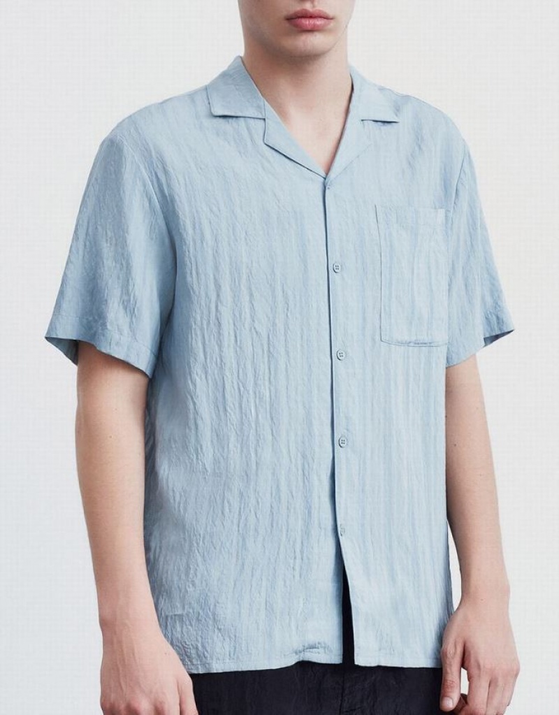 Blue Urban Revivo Striped Short Sleeve Men's Shirts | BTZAIN-438