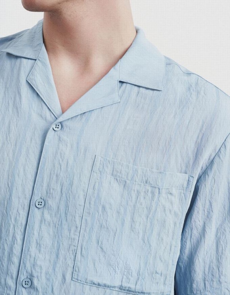 Blue Urban Revivo Striped Short Sleeve Men's Shirts | BTZAIN-438