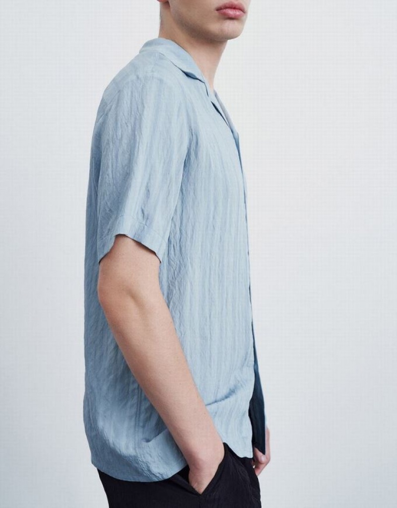 Blue Urban Revivo Striped Short Sleeve Men's Shirts | BTZAIN-438