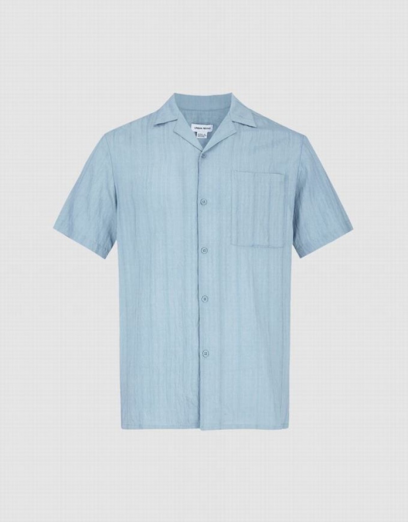 Blue Urban Revivo Striped Short Sleeve Men\'s Shirts | BTZAIN-438