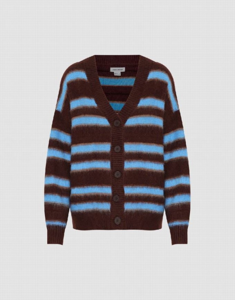 Blue Urban Revivo Striped V-Neck Knitted Women's Cardigan | KBITPM-546