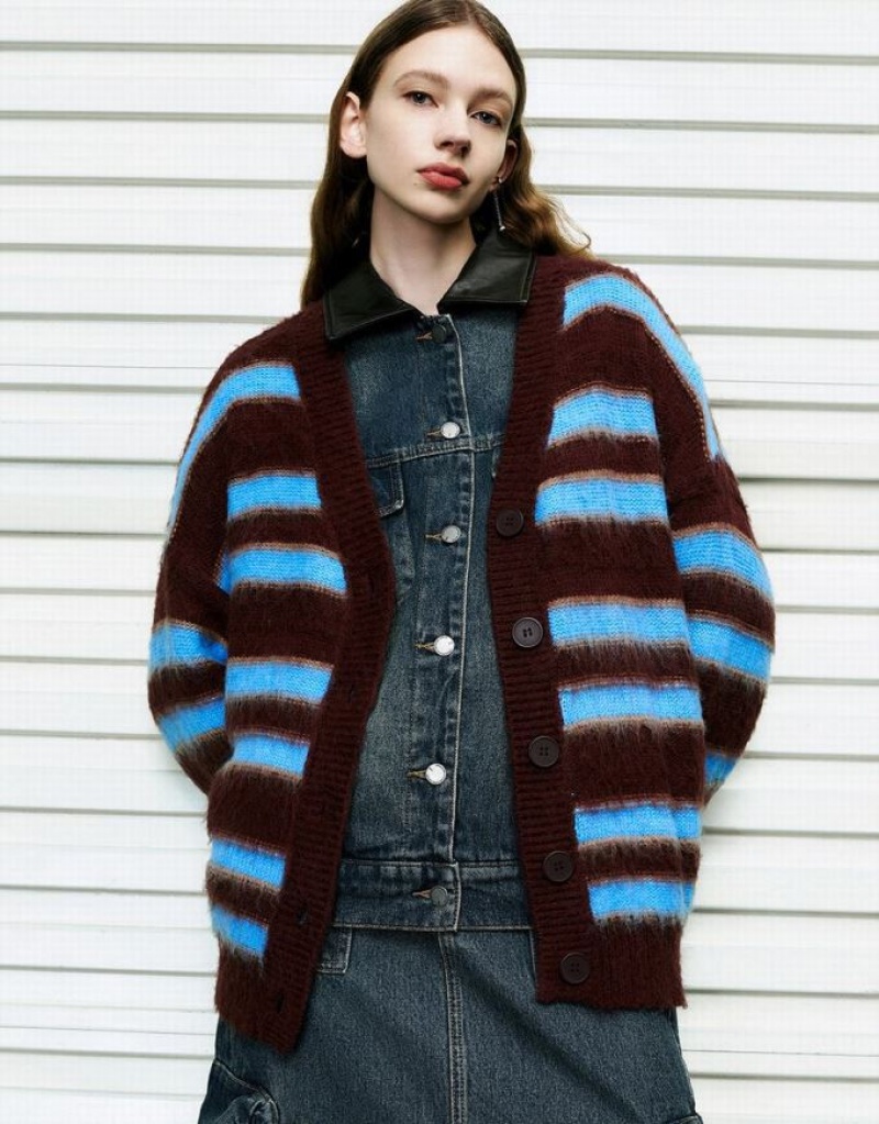 Blue Urban Revivo Striped V-Neck Knitted Women\'s Cardigan | KBITPM-546