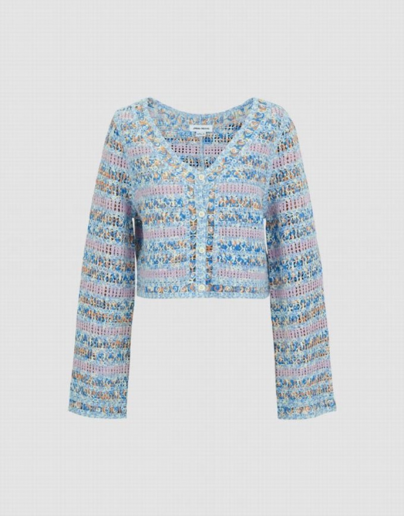 Blue Urban Revivo Striped V-Neck Knitted Women's Cardigan | CPTLOF-509