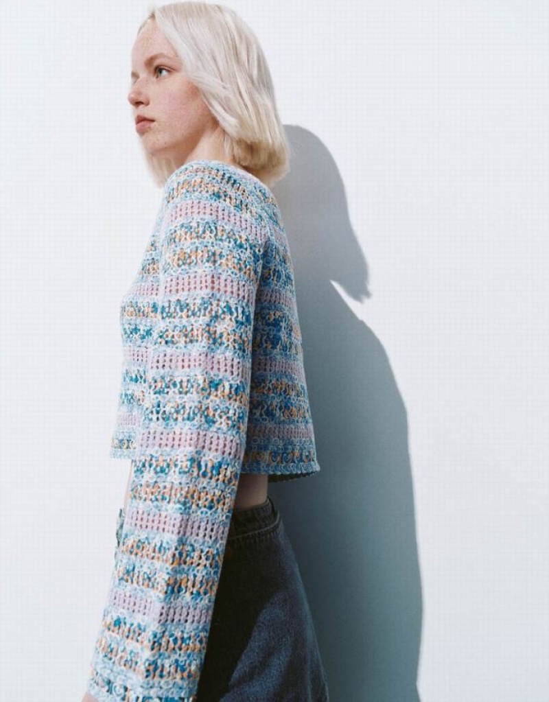 Blue Urban Revivo Striped V-Neck Knitted Women's Cardigan | CPTLOF-509