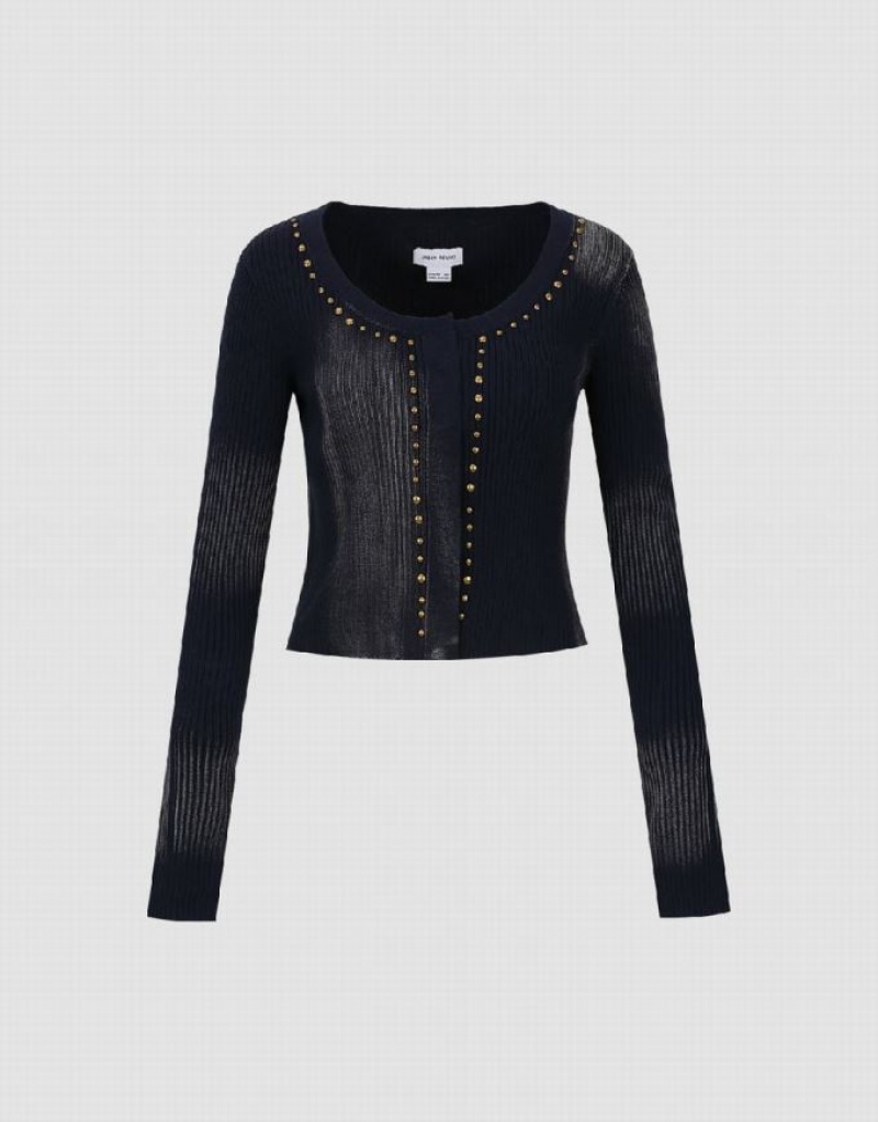 Blue Urban Revivo Studded Decor Knitted Women\'s Cardigan | TANREB-092