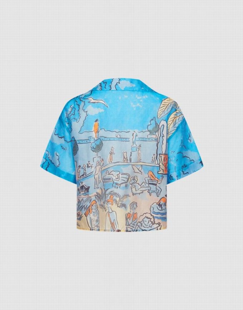 Blue Urban Revivo Summer Landscape Women's Shirts | UQRGVF-962