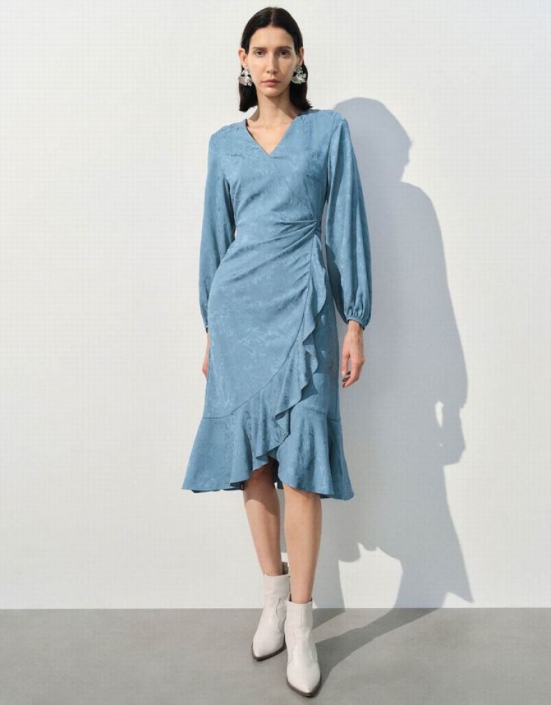 Blue Urban Revivo Surplice Front Midi A-Line Women\'s Midi Dress | LAVPIN-670