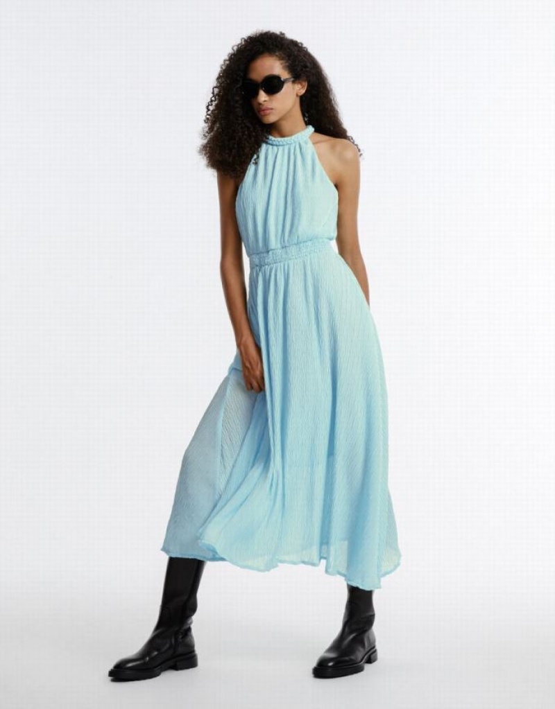 Blue Urban Revivo Textured Halter Women's Casual Dress | QFXAHM-476